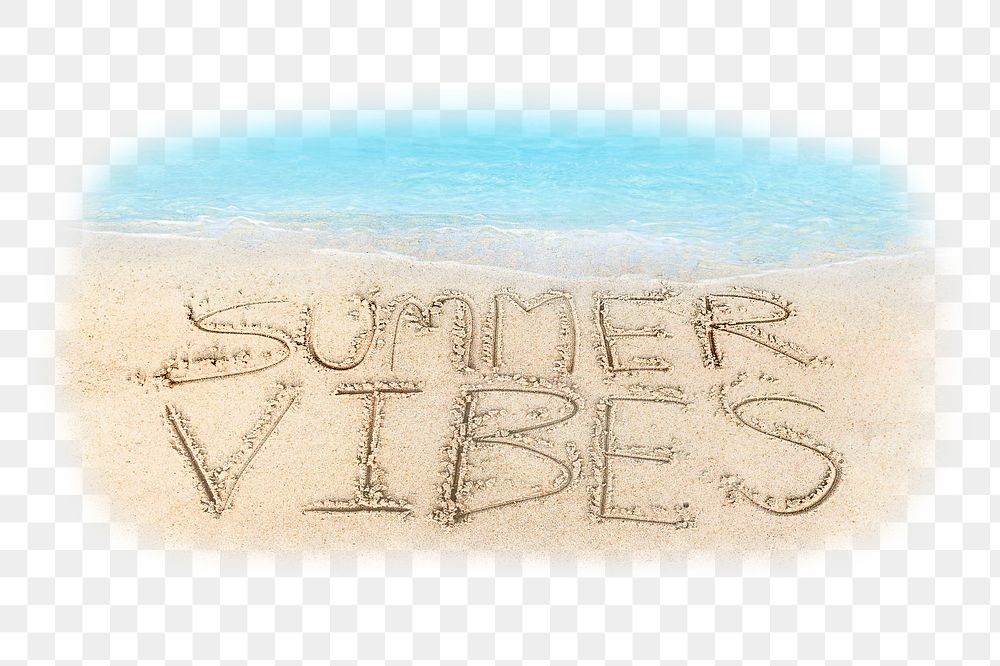 Summer vibes png sticker, sand typography by the beach, transparent background