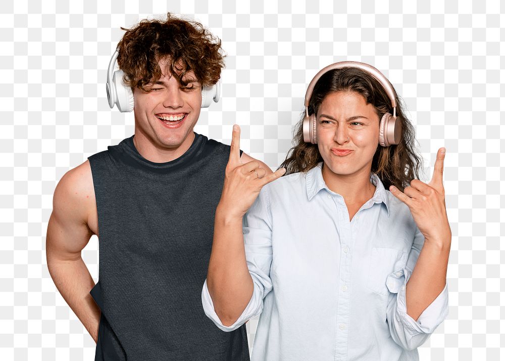 Png couple listening to music sticker, transparent background