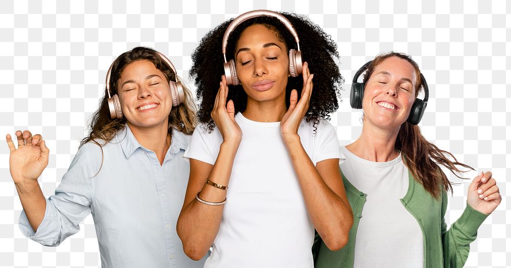 Png women listening to music sticker, transparent background