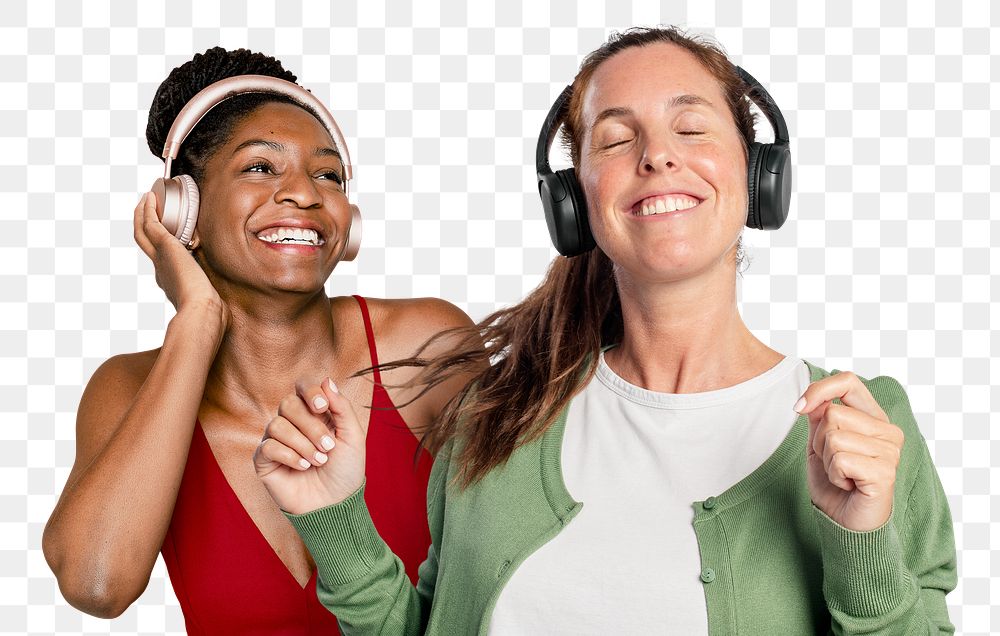 Women enjoying music png sticker, transparent background