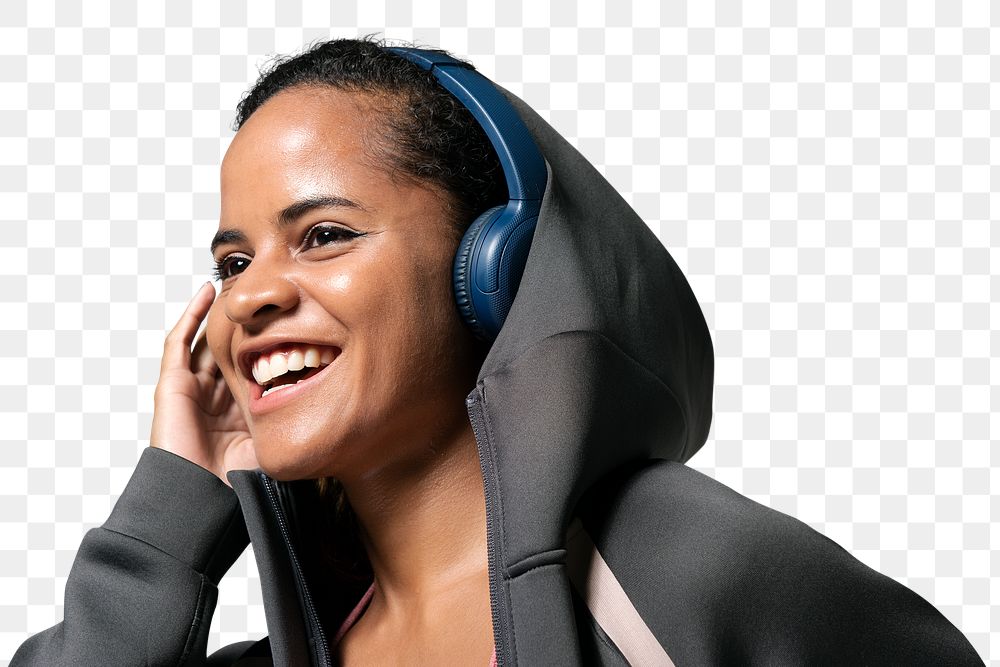 Png woman listening to music sticker, transparent background