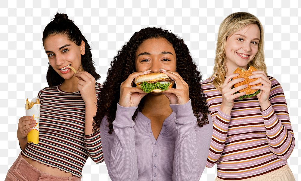 Png friends eating junk food, transparent background 
