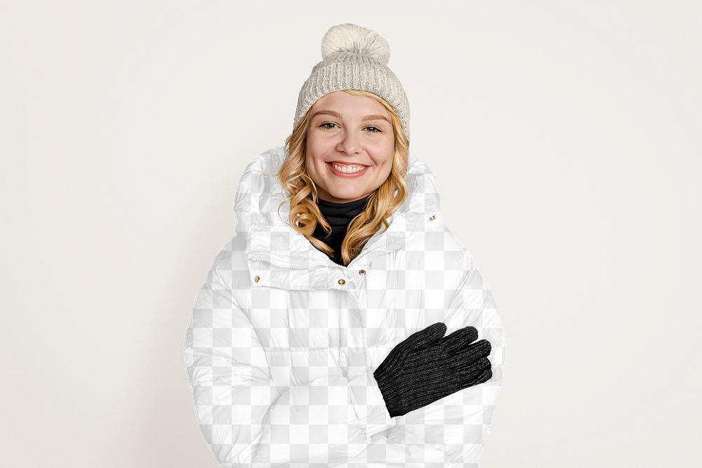 Png women's winter jacket mockup, fashion, transparent design