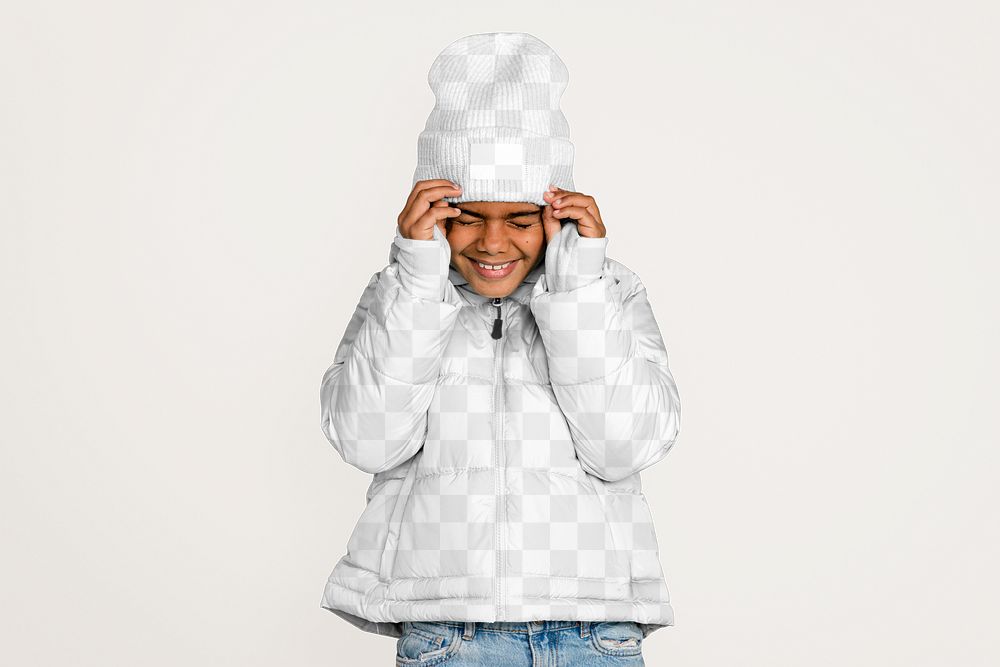 Png kid's winter outfit mockup, beanie & jacket, transparent design