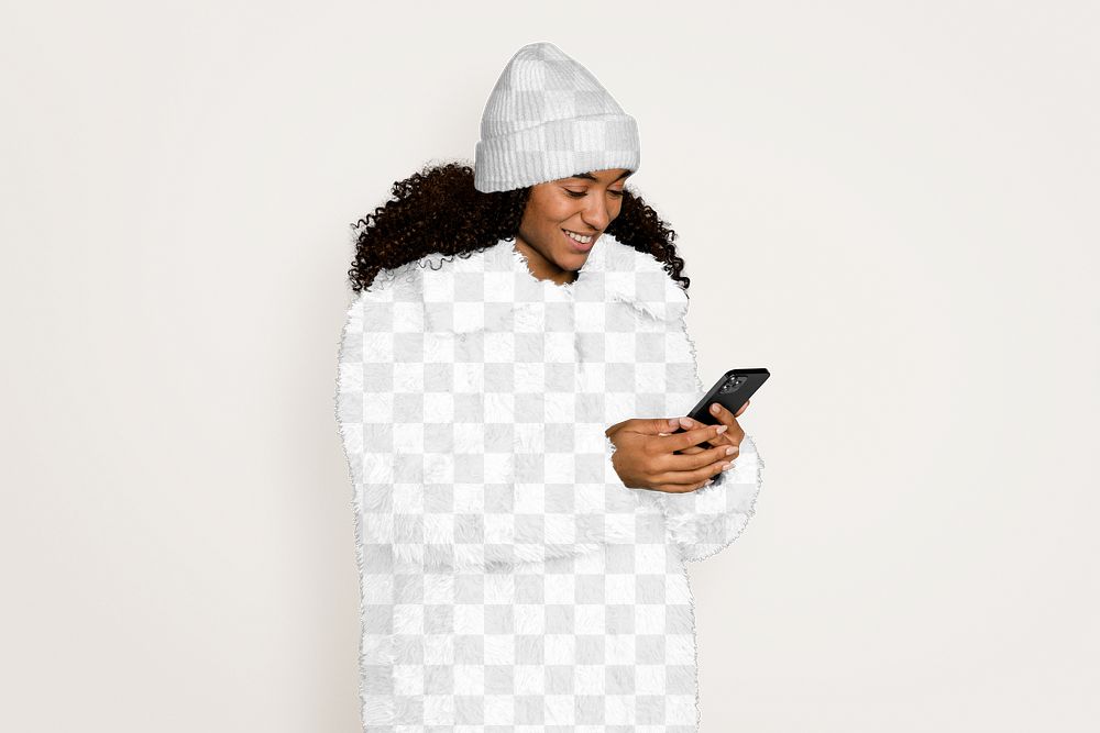 Png women's winter outfit mockup, beanie & jacket, transparent design