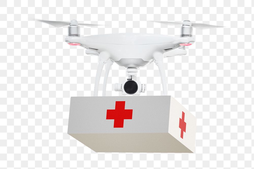 Delivery drone png sticker, first aid box image on transparent background. BANGKOK, THAILAND, 22 AUGUST 2023