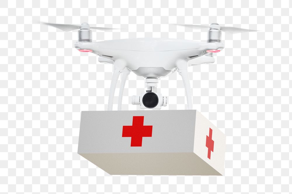 Delivery drone png sticker, first aid box image on transparent background