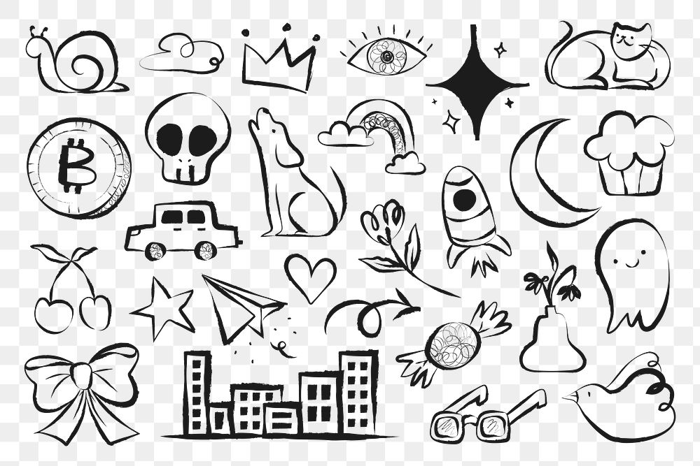 Cute doodle png sticker, aesthetic cartoon illustrations set on transparent background