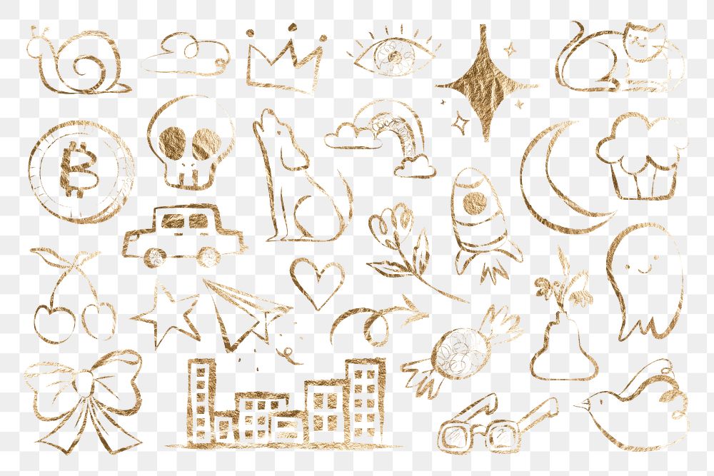 Cute doodle png sticker, gold glitter cartoon illustration set on transparent background