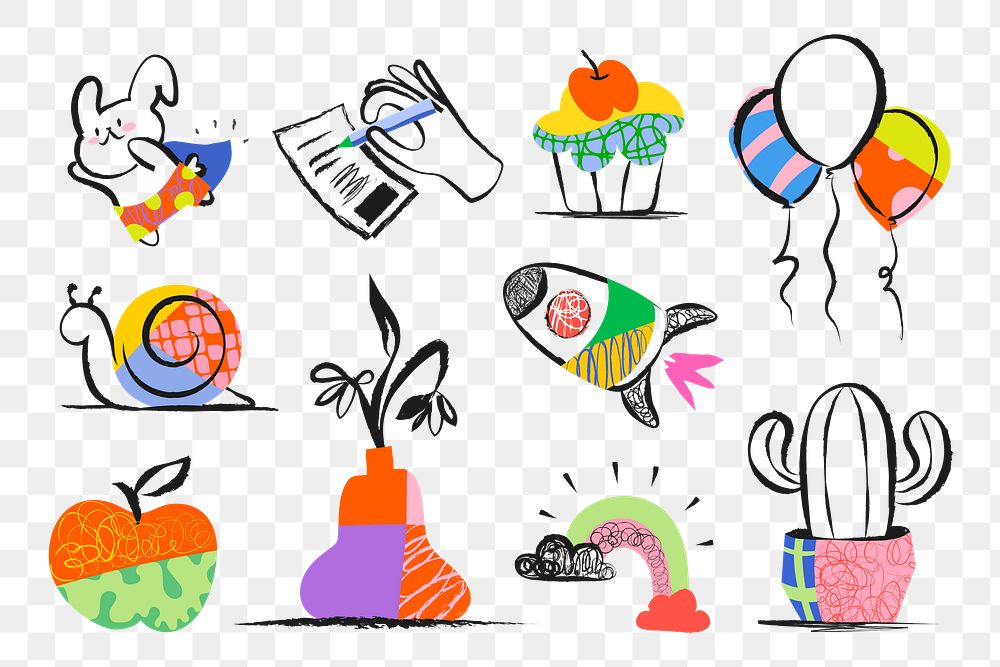 Cute doodle png sticker, colorful aesthetic illustrations set on transparent background