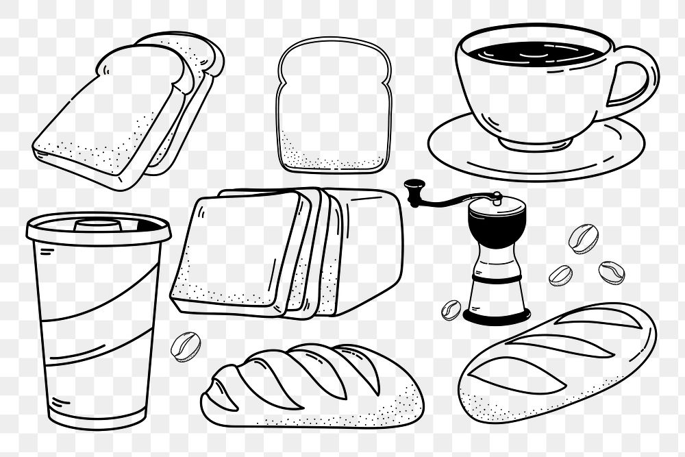 Food & drink png doodle sticker, black & white illustration set, transparent background