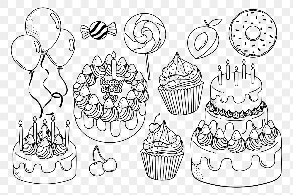 Birthday png doodle sticker, black & white illustration set, transparent background