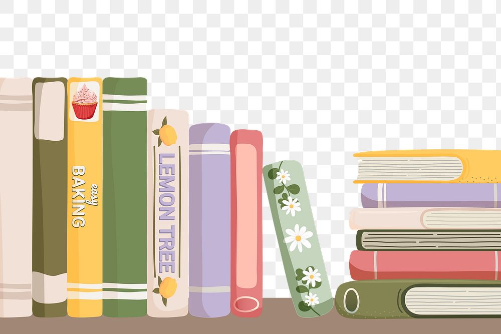 Book stack png border, cute colorful illustration, transparent background