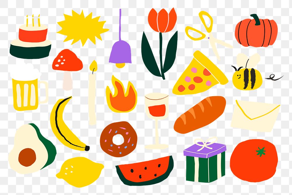 Cute party png sticker, colorful doodle set, transparent background