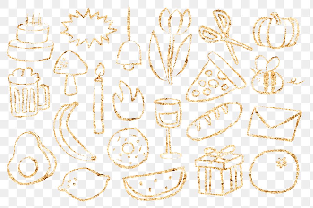 Gold party png sticker, glitter doodle set, transparent background