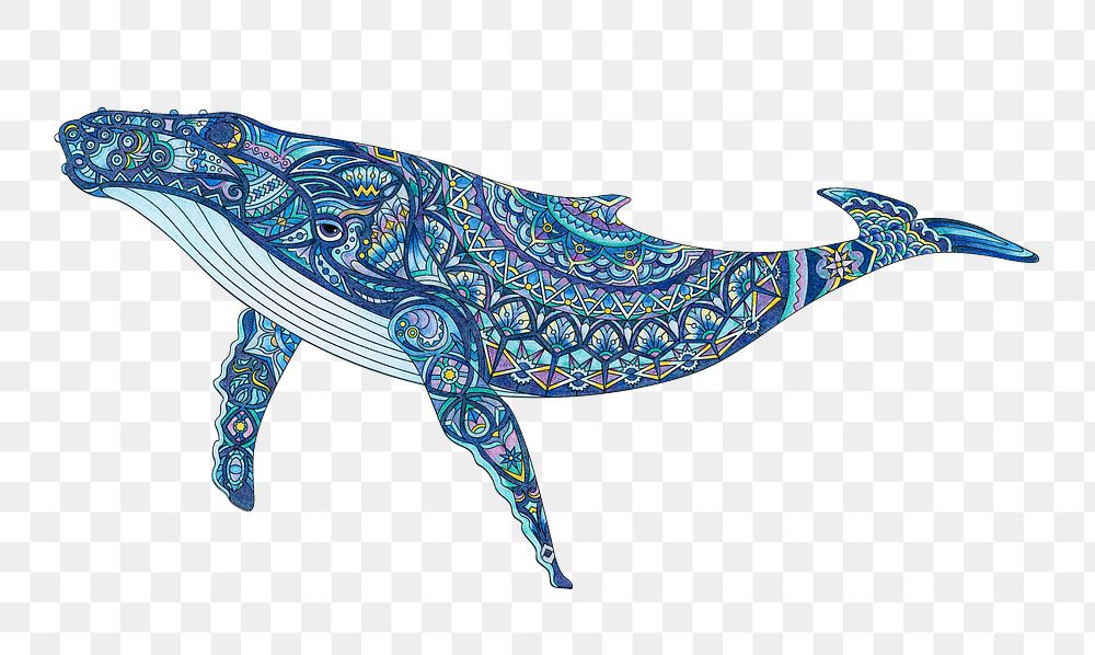 Mandala animal png, blue whale sticker, transparent background