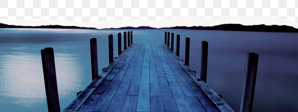 Lake boardwalk png border, ripped paper, travel aesthetic, transparent background