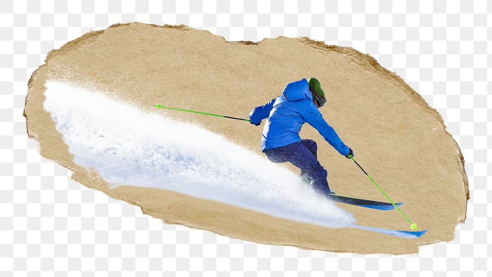 Skiing sport png sticker, ripped paper, transparent background