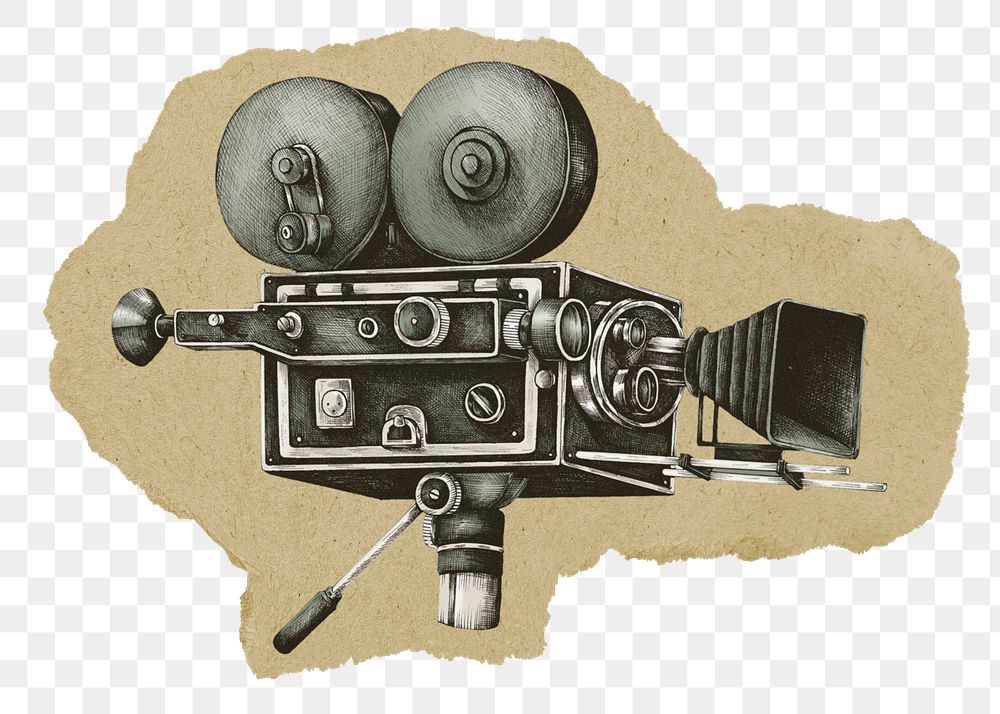 Vintage movie camera png sticker, ripped paper on transparent background