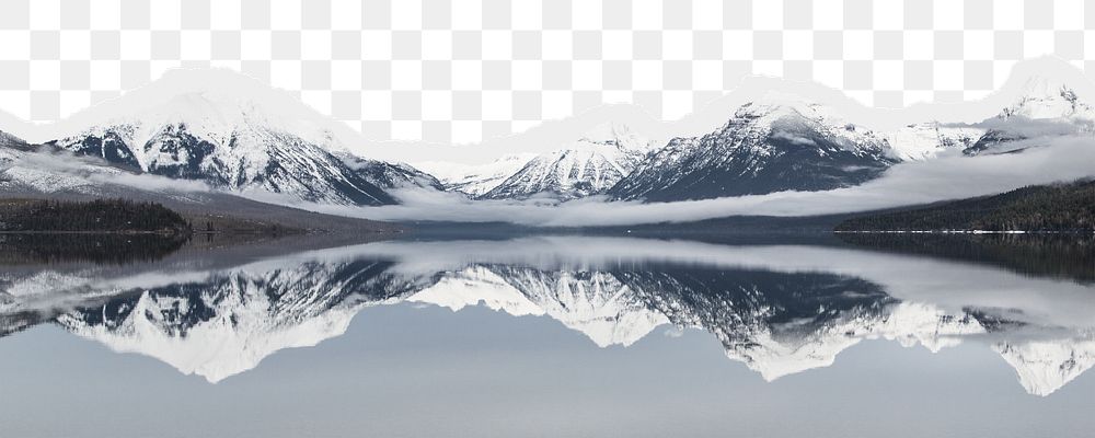 Mountain lake png border, torn paper design, transparent background
