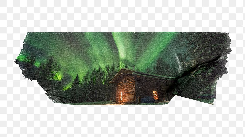 Green aurora png lights travel, washi tape, transparent background