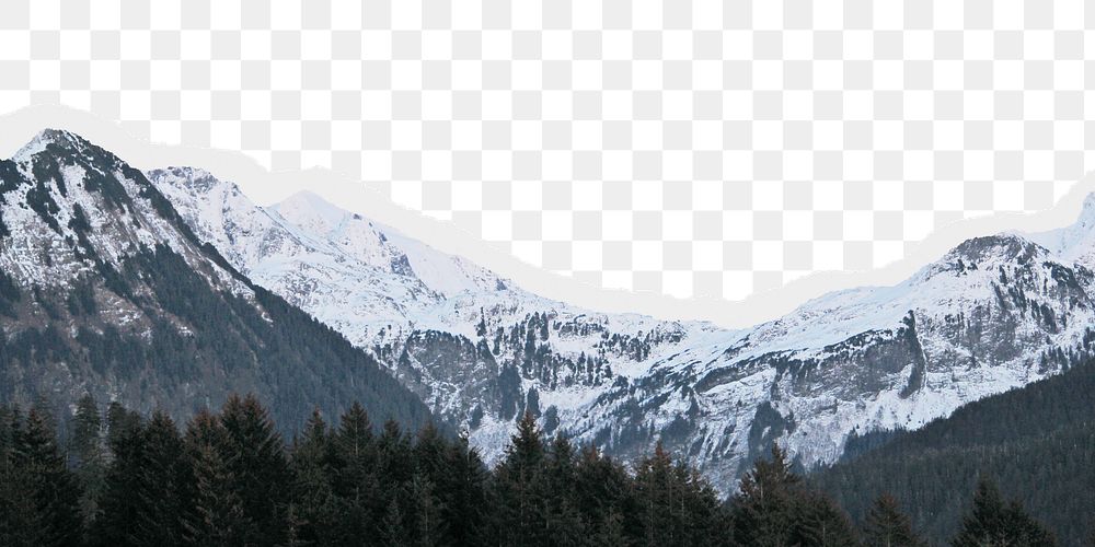 Snowy mountain png border, torn paper design, transparent background