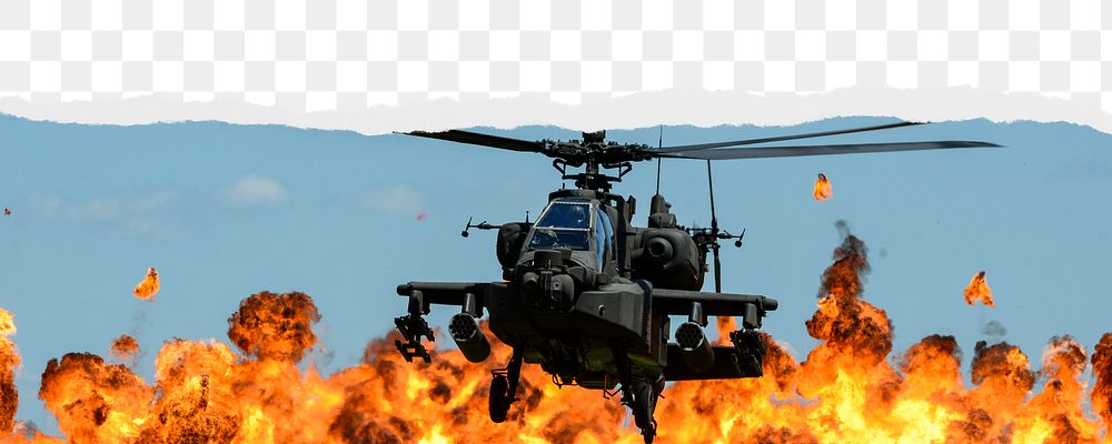 Helicopter over flames png border, torn paper design, transparent background