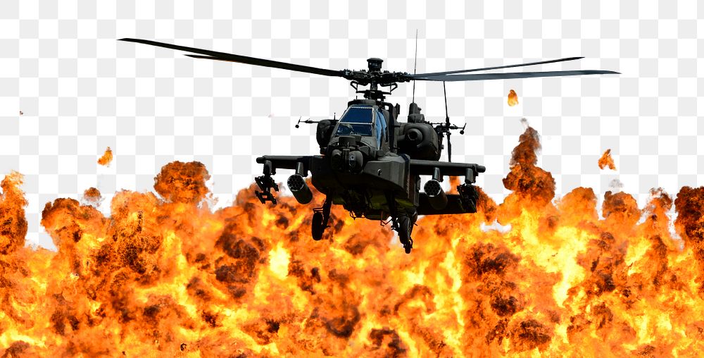 Helicopter over flames png border, transparent background