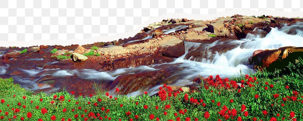 Spring water stream png border, ripped paper, nature aesthetic, transparent background