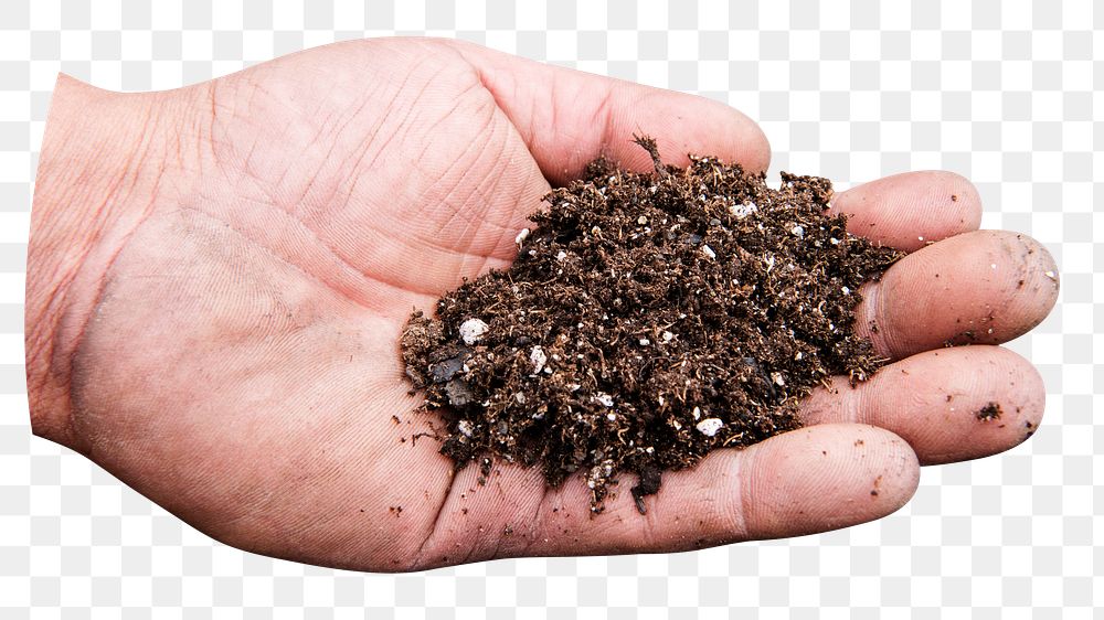 Soil on hand, environment image on transparent background