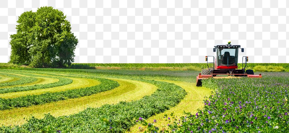 Png harvest tractor landscape, transparent background