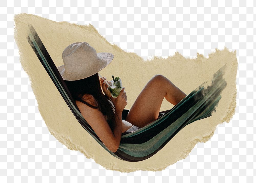 Woman chilling png hammock sticker, ripped paper, transparent background