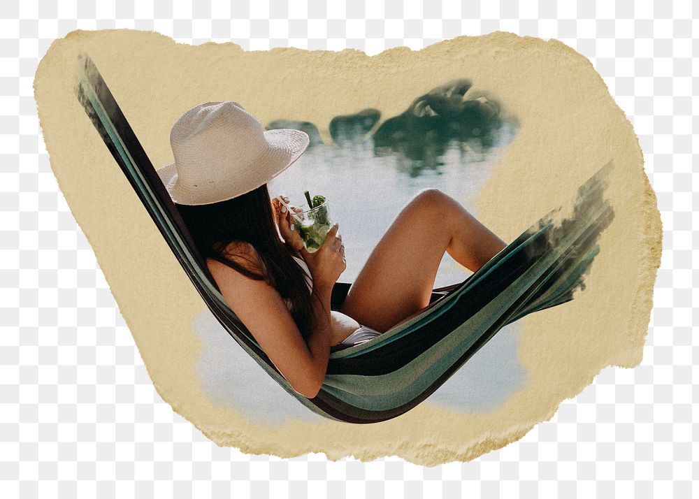 Woman chilling png hammock sticker, ripped paper, transparent background