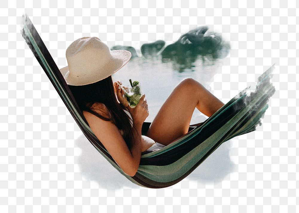 Woman chilling png hammock sticker, transparent background