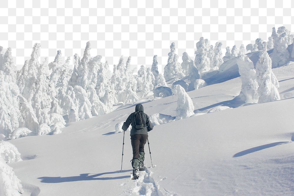 PNG Snowshoeing towards the summit of Maiden Peak on the Willamette National Forest, collage element, transparent background
