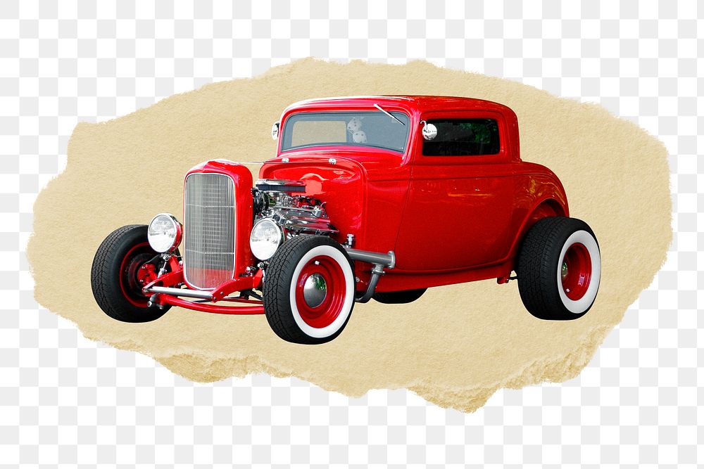 Red classic car png ripped paper sticker, vintage vehicle graphic, transparent background