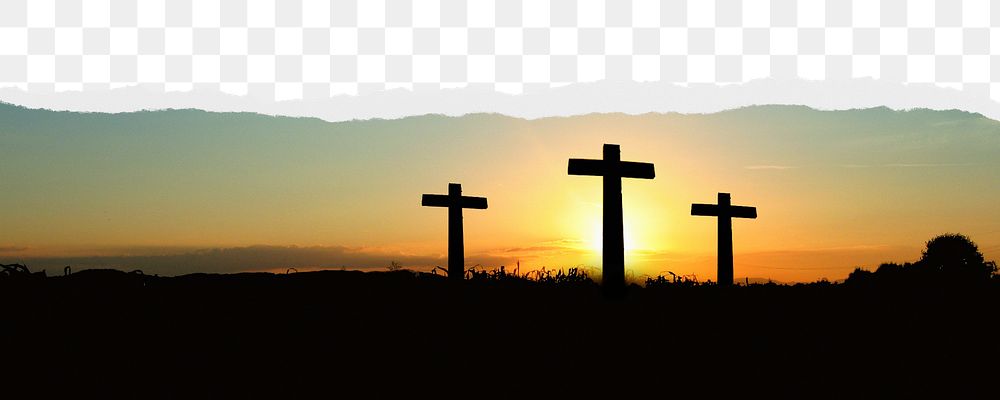 Cross on hill png border, torn paper design, transparent background