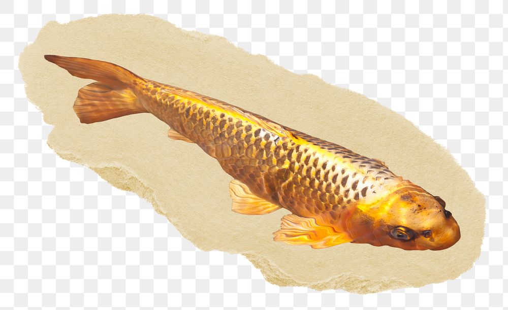 Gold carp fish png sticker, ripped paper, transparent background