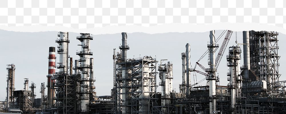 Oil refinery png border, torn paper design, transparent background