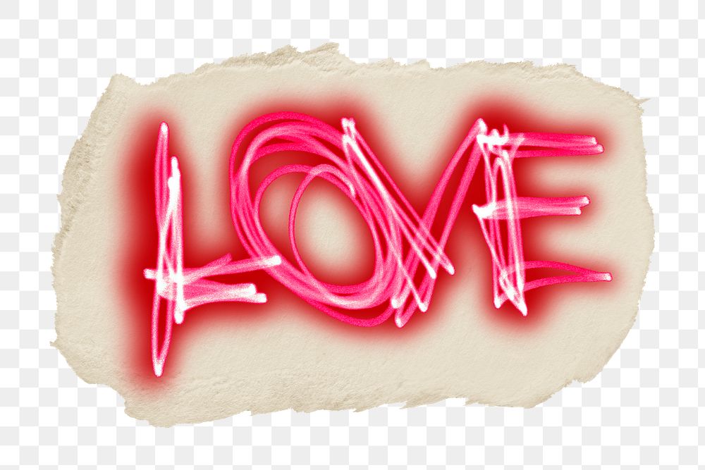 Love typography png ripped paper sticker, pink neon graphic, transparent background