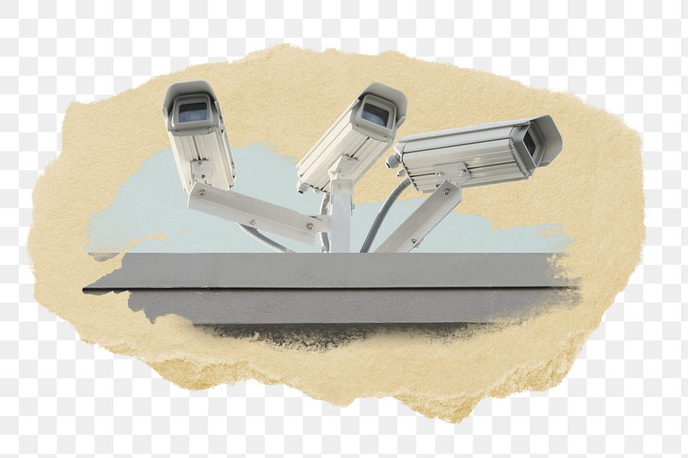 CCTV cameras png sticker, ripped paper, transparent background