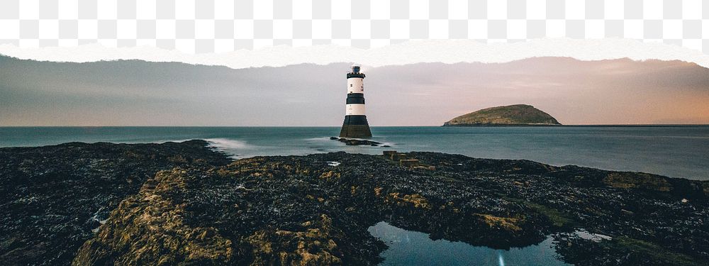 Lighthouse png border, ripped paper, ocean aesthetic, transparent background