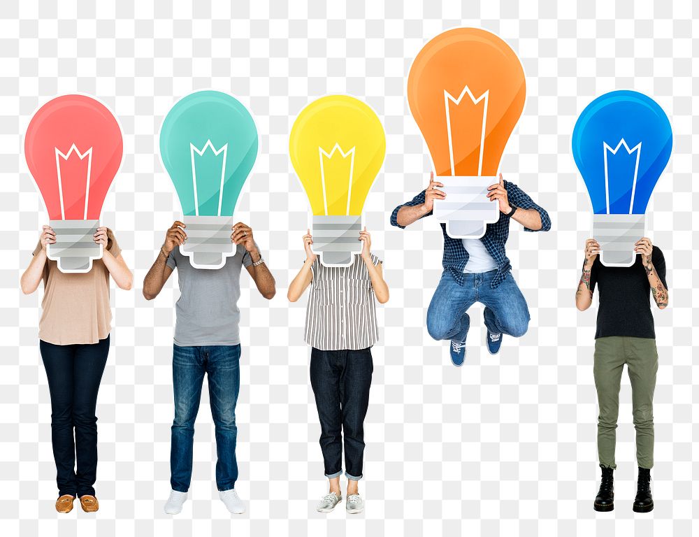 People holding bulbs png sticker, transparent background