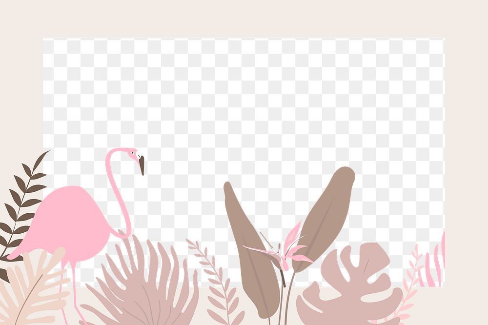 Pink botanical flamingo png frame with tropical leaves, transparent background 