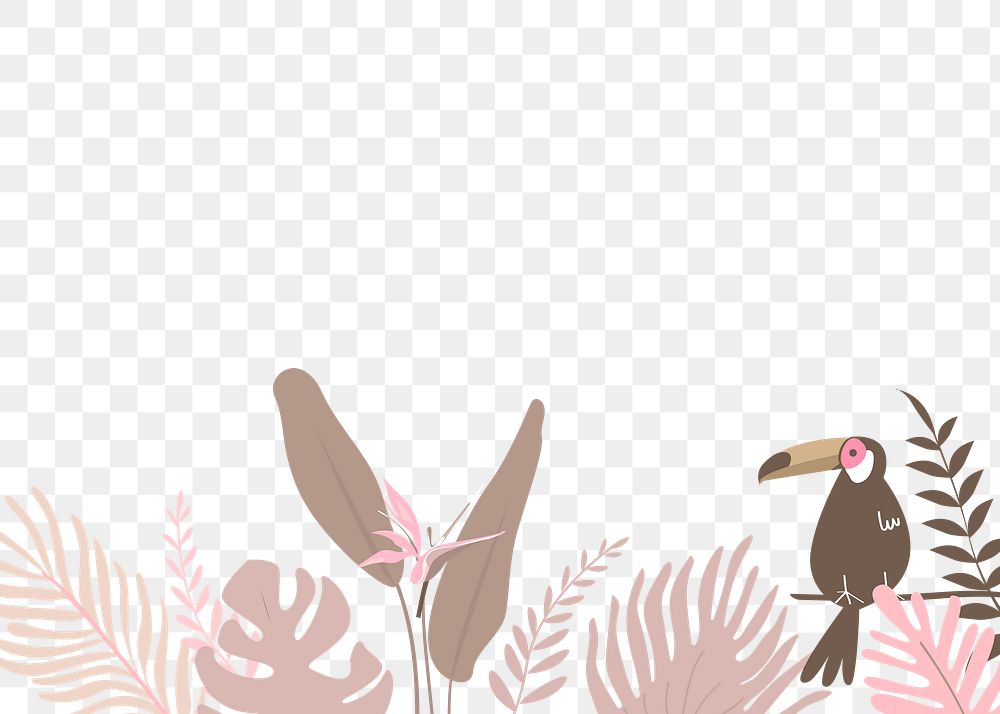 Toucan botanical border png clip art, pink tropical leaves and bird graphic element on transparent background