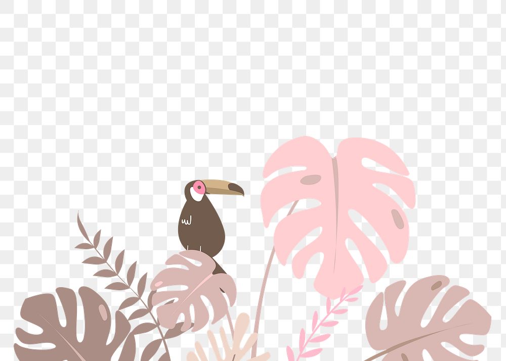 Pink botanical border png, aesthetic tropical leaves and bird graphic element on transparent background
