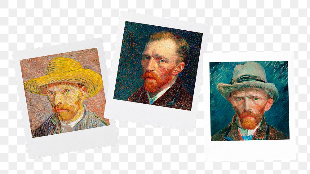Png Vincent Van Gogh's famous self-portraits instant photos mood board, transparent background, remixed by rawpixel