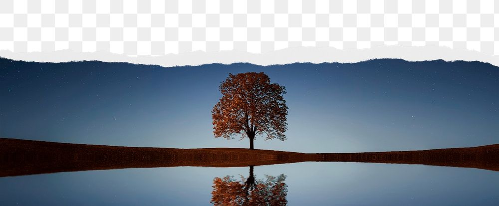 Lake & tree png ripped paper border, transparent background