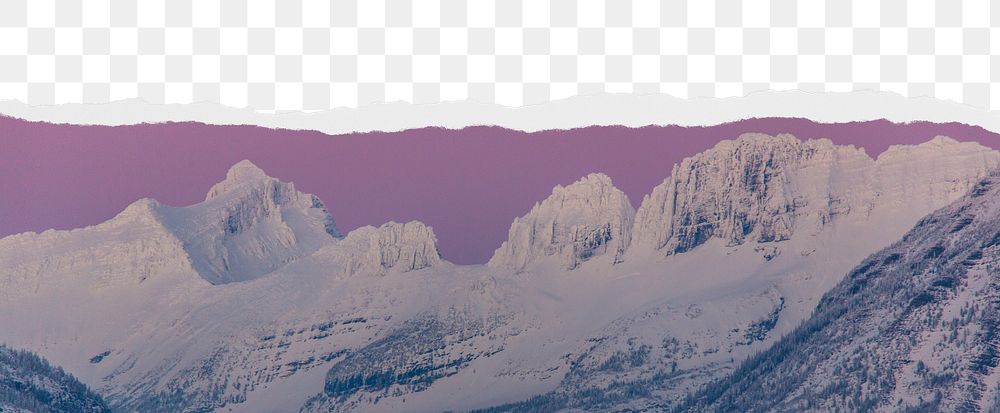 Snowy mountain png, ripped paper border, transparent background