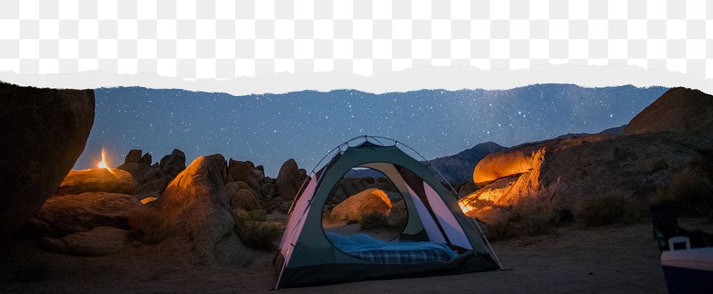 Camping night png ripped paper border, transparent background